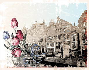 Image showing vintage illustration of Amsterdam street. Watercolor style.