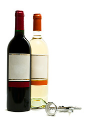 Image showing red and white wine bottles with corkscrew