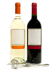 Image showing  red and white wine with corkscrew