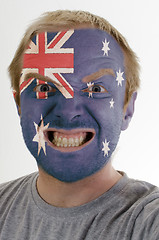 Image showing Face of crazy angry man painted in colors of australia flag