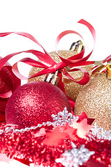 Image showing christmas balls with ribbon and tinsel