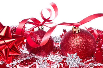 Image showing christmas balls with ribbon and tinsel