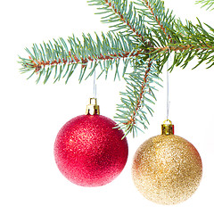 Image showing red christmas ball hanging from tree