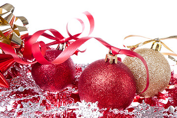 Image showing christmas balls with ribbon and tinsel