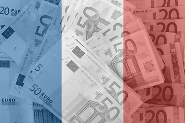 Image showing flag of France with transparent euro banknotes in background 