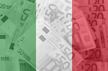 Image showing flag of Italy with transparen t euro banknotes in background 