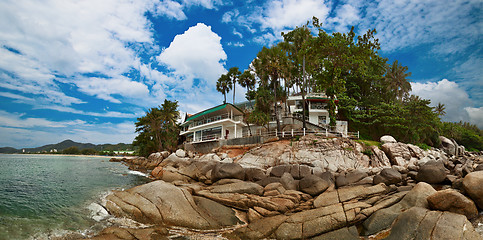 Image showing Beach hotels and rocks - Thai landscape