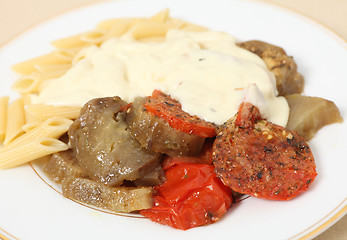 Image showing Eggplant tomato pasta and cheese sauce