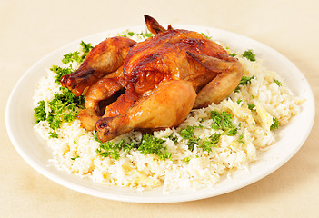 Image showing Roast chicken and rice side view