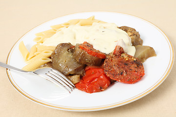 Image showing Eggplant tomato pasta and cheese sauce