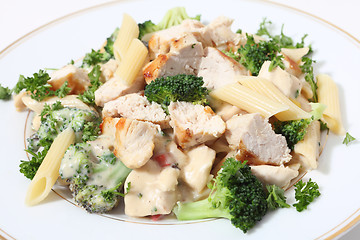 Image showing Grilled chicken broccoli and pasta in sauce