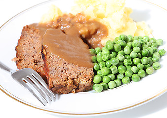 Image showing Meatloaf peas potato and gravy
