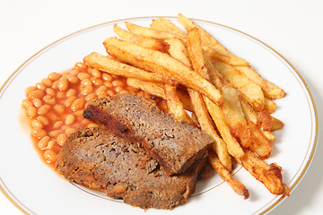 Image showing Meatloaf fries and beans horizontal