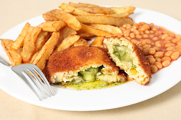 Image showing Chicken kiev fries and fork