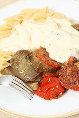 Image showing Eggplant tomato pasta and cheese sauce