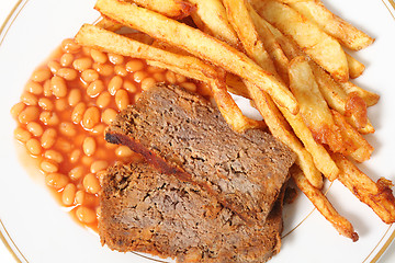 Image showing Meatloaf fries and beans from above