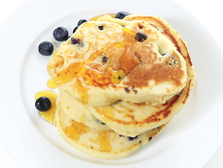 Image showing Blueberry pancakes high angle