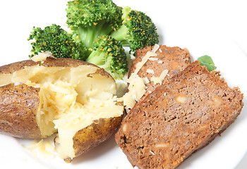 Image showing meatloaf baked potato broccoli and cheese