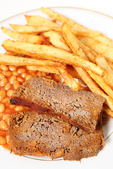 Image showing Meatloaf fries and beans vertical