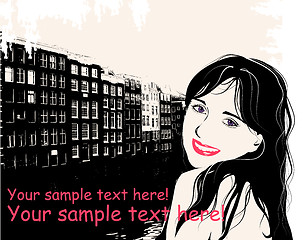 Image showing  fashion girl in sketch style on a city-background. Place for yo