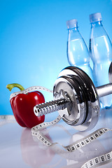 Image showing Dumbbell and bottle water