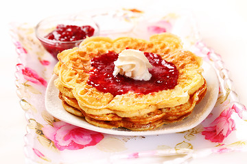 Image showing Waffles with fresh strawberry jam