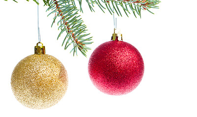 Image showing red christmas ball hanging from tree