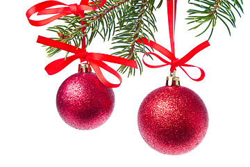 Image showing red christmas ball hanging from tree