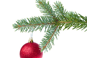 Image showing red christmas ball hanging from tree