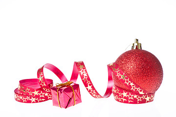 Image showing red christmas ball with ribbon
