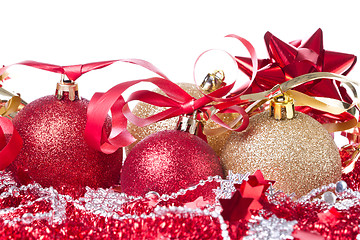 Image showing christmas balls with ribbon and tinsel