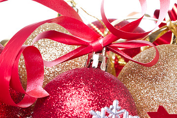 Image showing christmas balls with ribbon and tinsel
