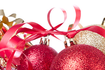 Image showing christmas balls with ribbon and tinsel