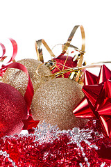 Image showing christmas balls with ribbon and tinsel