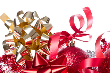 Image showing christmas balls with ribbon and tinsel