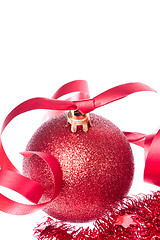 Image showing christmas balls with ribbon and tinsel