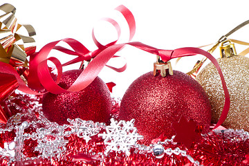 Image showing christmas balls with ribbon and tinsel