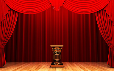 Image showing Red velvet curtain and Pedestal