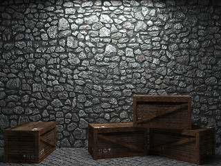 Image showing illuminated stone wall and boxes