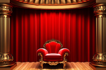 Image showing red velvet curtains, gold columns and chair