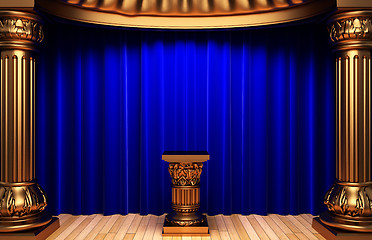 Image showing blue velvet curtains, gold columns and Pedestal