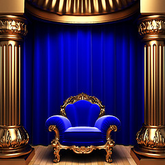 Image showing blue velvet curtains, gold columns and chair