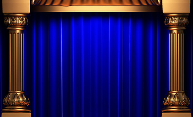 Image showing blue velvet curtains behind the gold columns