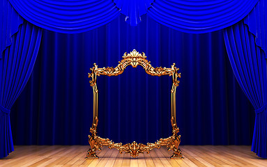 Image showing blue curtains, gold frame