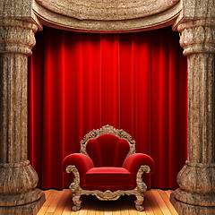 Image showing red velvet curtains, wood columns and chair