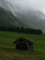 Image showing Old cabin in front of montain, westcoast Norway
