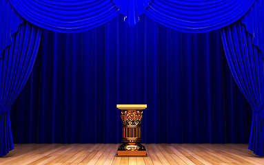 Image showing blue velvet curtain and Pedestal