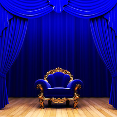 Image showing blue velvet curtain and chair