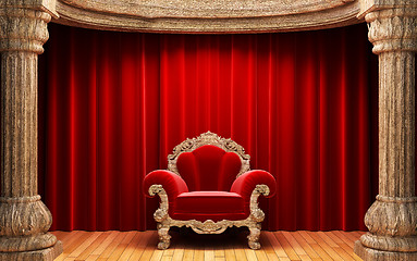 Image showing red velvet curtains, wood columns and chair