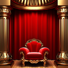 Image showing red velvet curtains, gold columns and chair